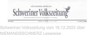 Schweriner Volkszeitung vom 16.12.2022 über NIEMANDSSCHMERZ Lesereise